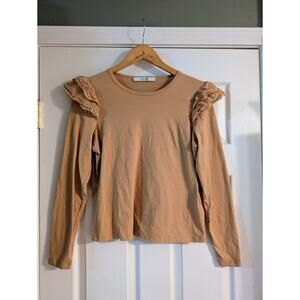 Joe's Jeans Long Sleeve Shirt 100% Cotton Small Camel Eyelet Puff Sleeve